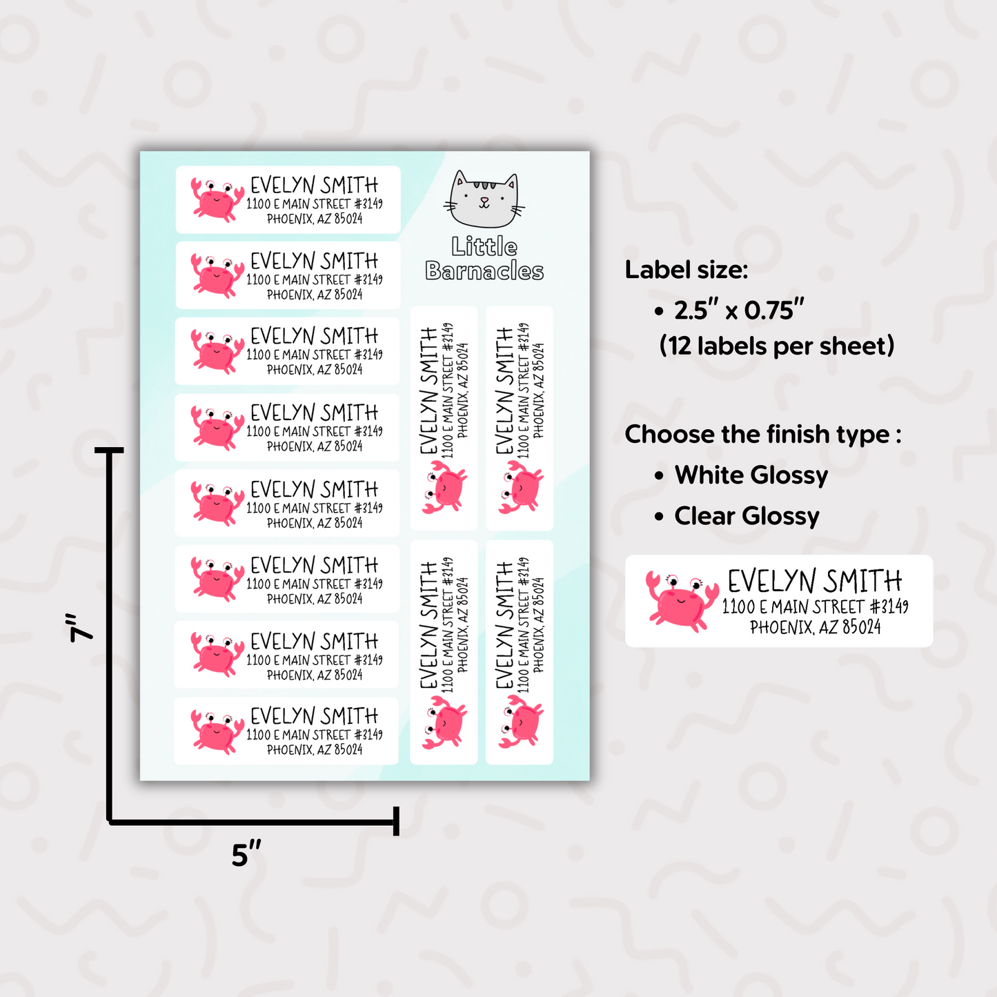 Pink Crab Custom Address Labels, Return Address Labels, Personalized Mailing Labels