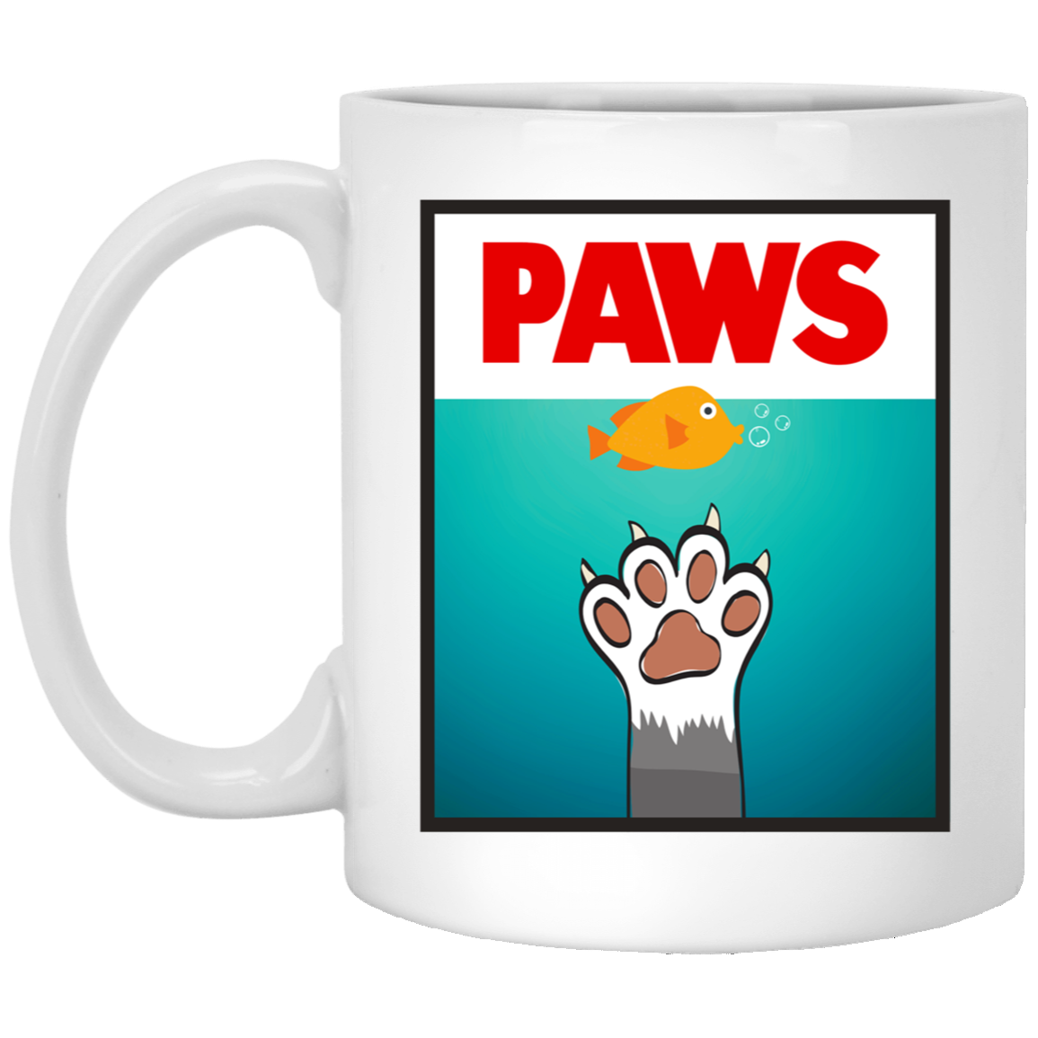 PAWS Mug JAWS Movie Parody Coffee Cup Classic 80s Movie Shark Gift Funny Cat Cartoon