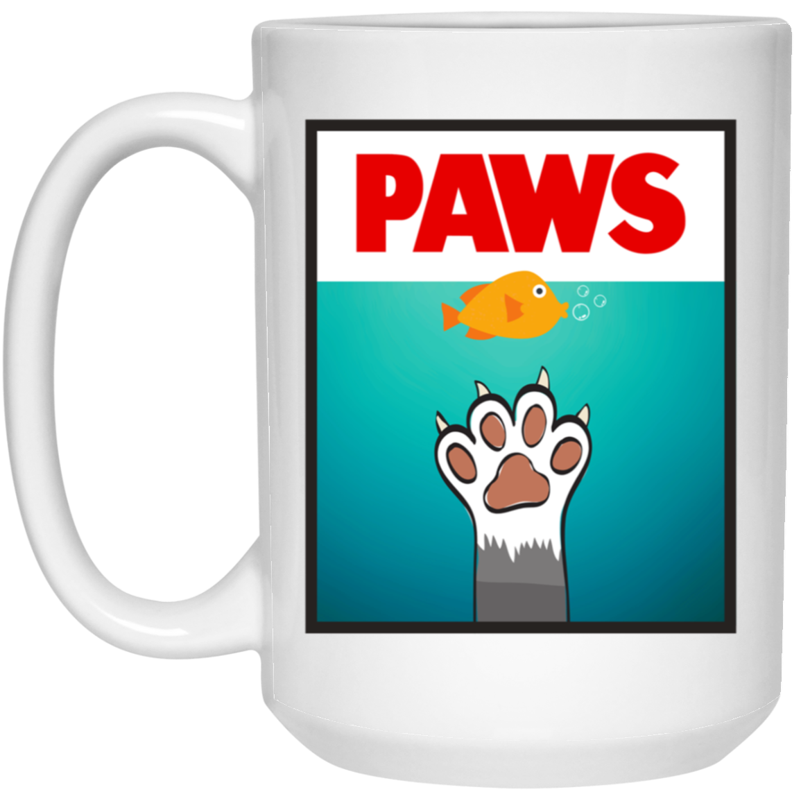 PAWS Mug JAWS Movie Parody Coffee Cup Classic 80s Movie Shark Gift Funny Cat Cartoon