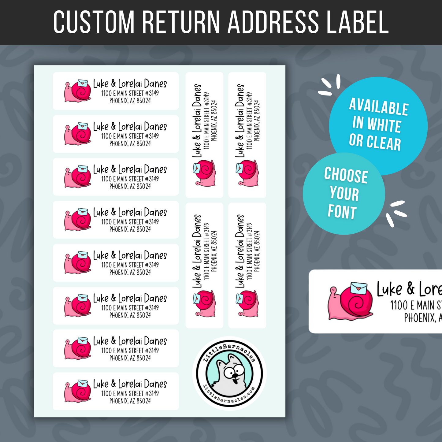 Pink Snail Mail Custom Address Labels, Return Address Labels, Personalized Mailing Labels