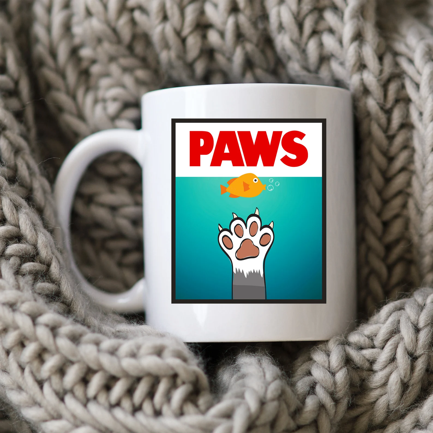 PAWS Mug JAWS Movie Parody Coffee Cup Classic 80s Movie Shark Gift Funny Cat Cartoon