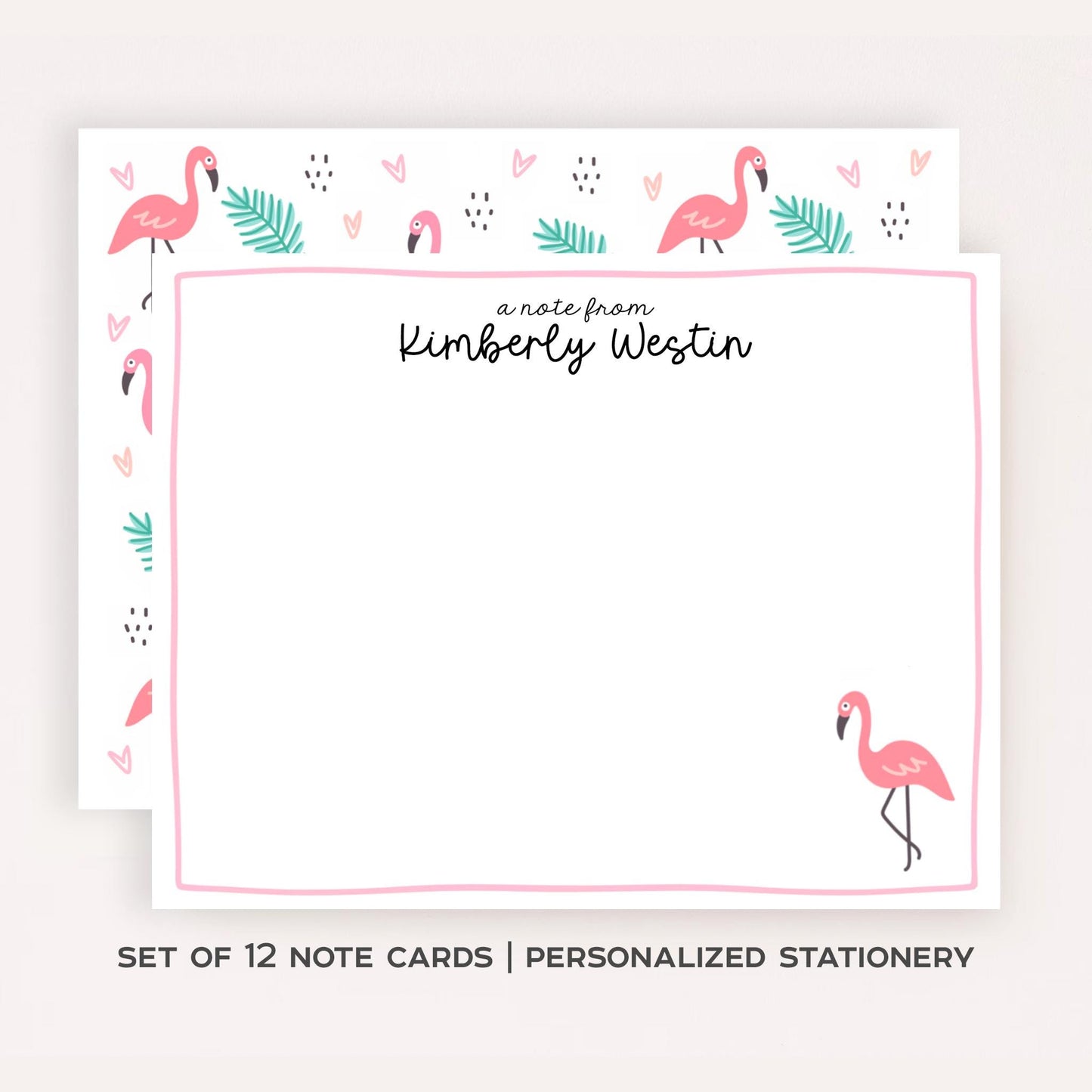 Personalized Flamingo Stationery • Pink Flamingo Notecard Set • Custom Name Note Cards • Thank You Cards • Tropical Stationery Set of 12