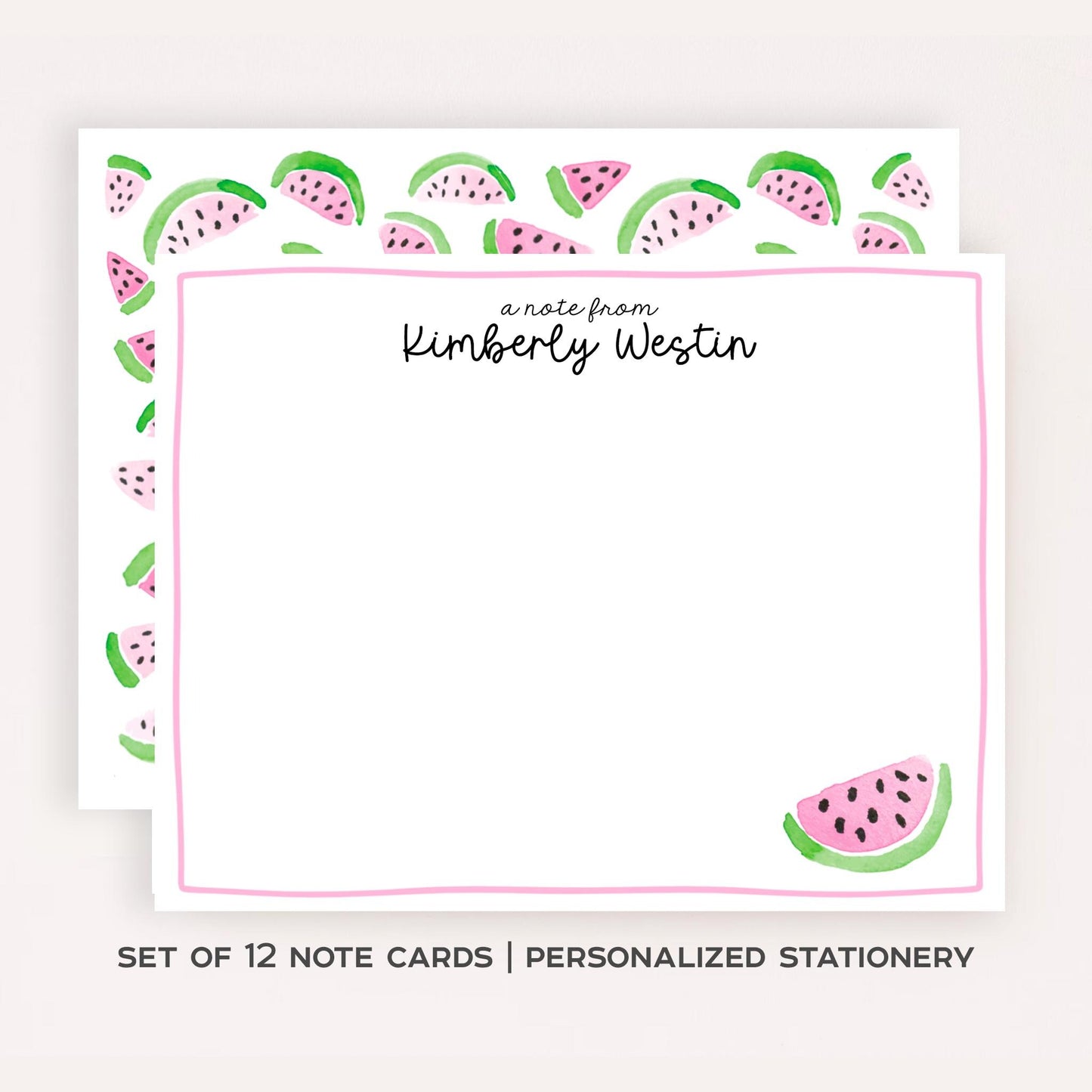 Personalized Watermelon Stationery • Pink Notecard Set • Custom Name Note Cards • Thank You Cards • Summer Fruit Stationery Set of 12