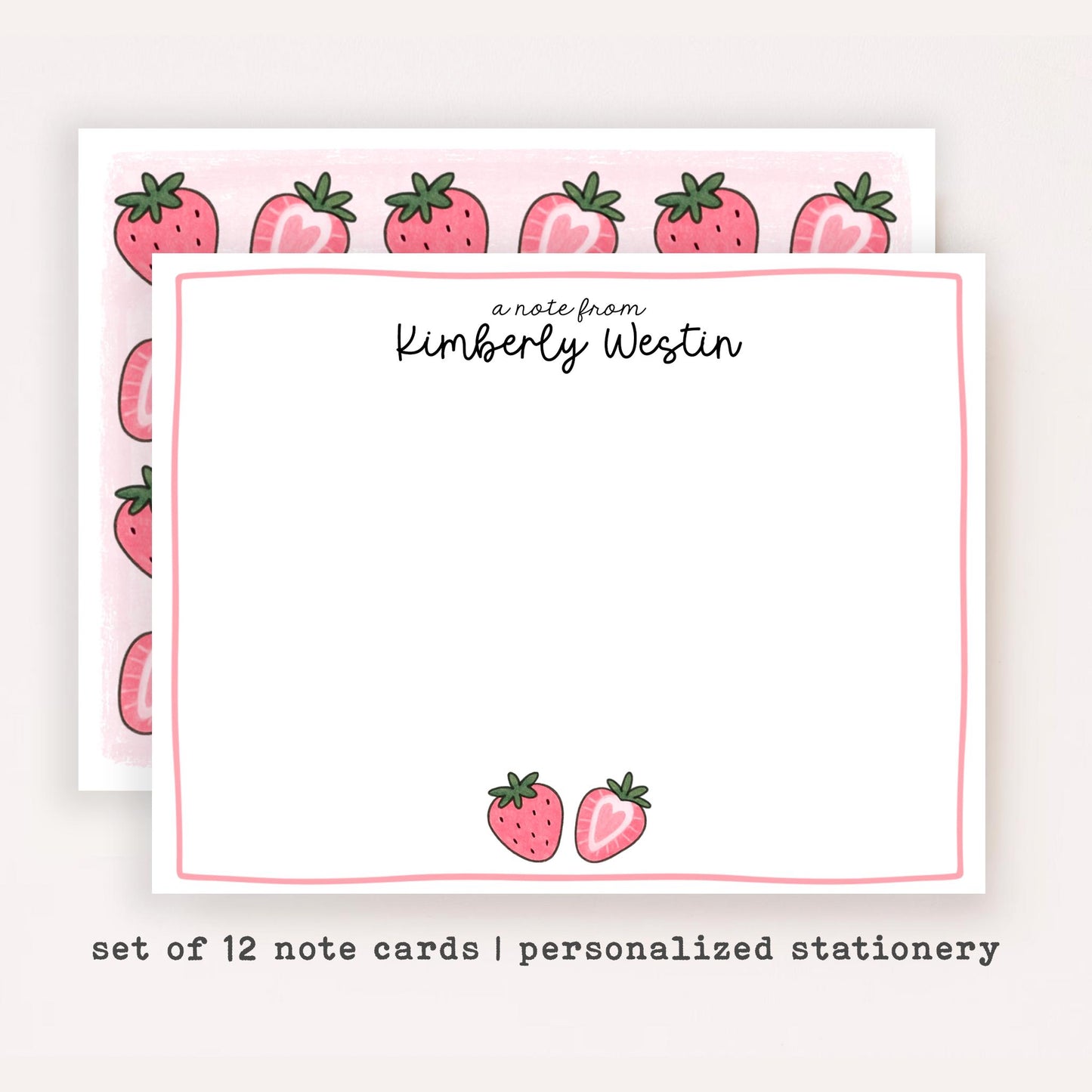 Personalized Strawberry Stationery • Cute Pink Notecard Set • Custom Name Note Cards • Thank You Cards • Pink Strawberry • Set of 12