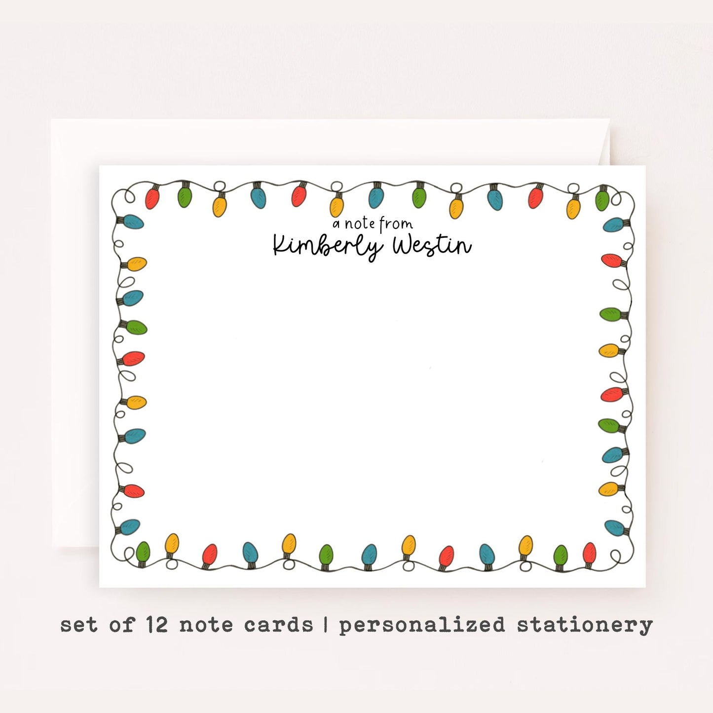 Personalized Christmas Stationery • Christmas Lights Notecard Set • Custom Name Note Cards • Holiday Thank You Cards • Festive Set of 12