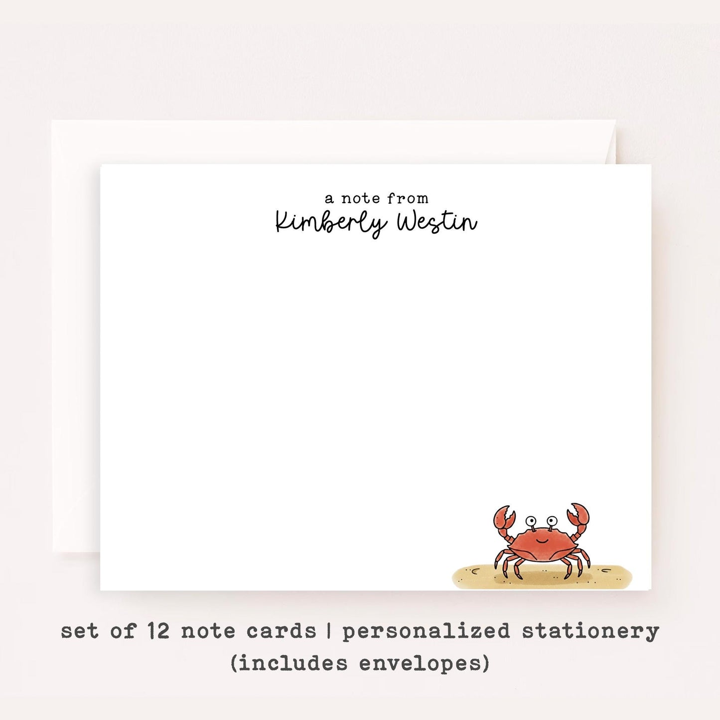 Personalized Crab Stationery • Custom Notecard Set of 12 • Beach Thank You Cards • Cute Crab Name Stationery • Coastal Gift