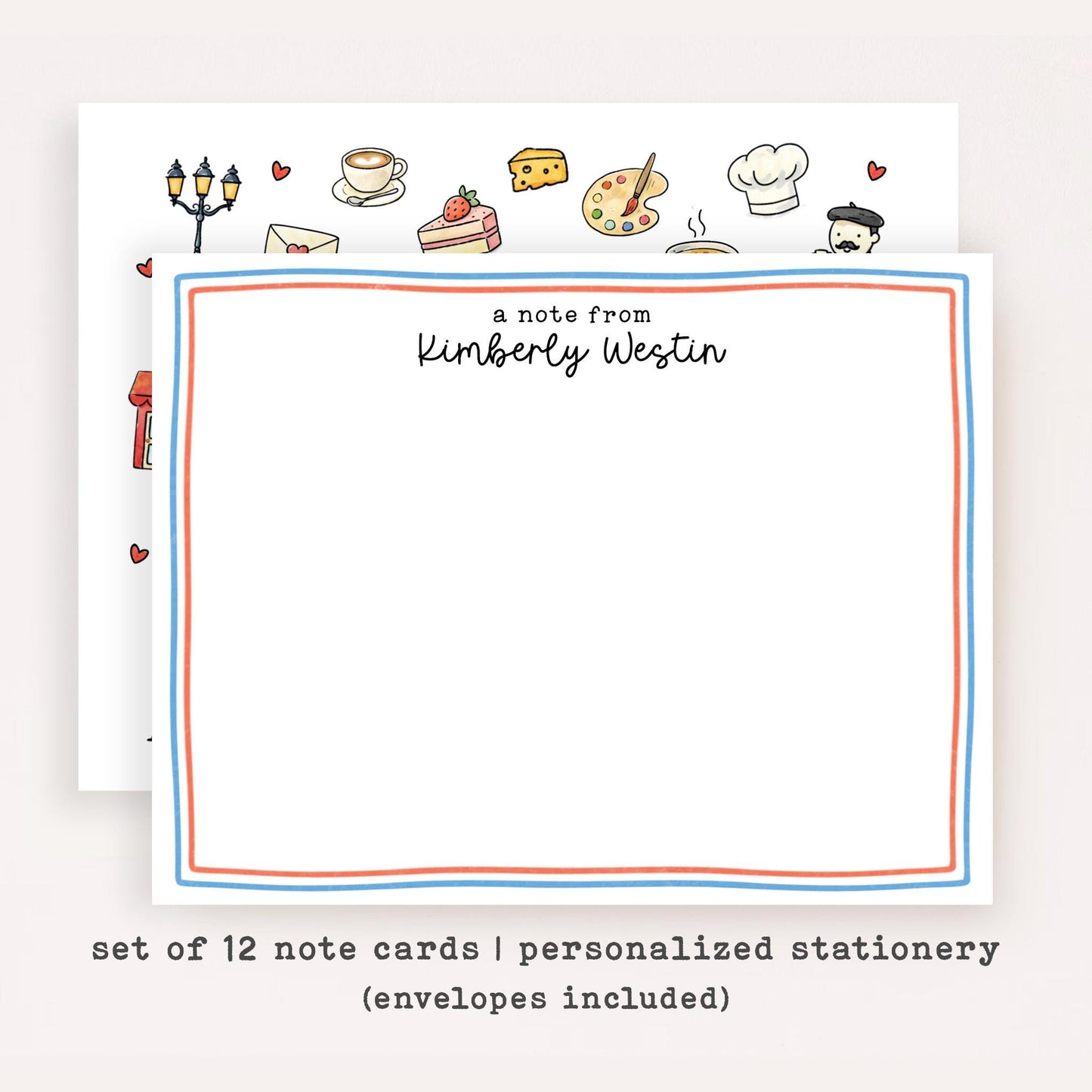 Personalized Parisian France Stationery • Custom Name Notecard Set of 12 • French Thank You Cards • Cute Paris Gift • Flat Note Cards