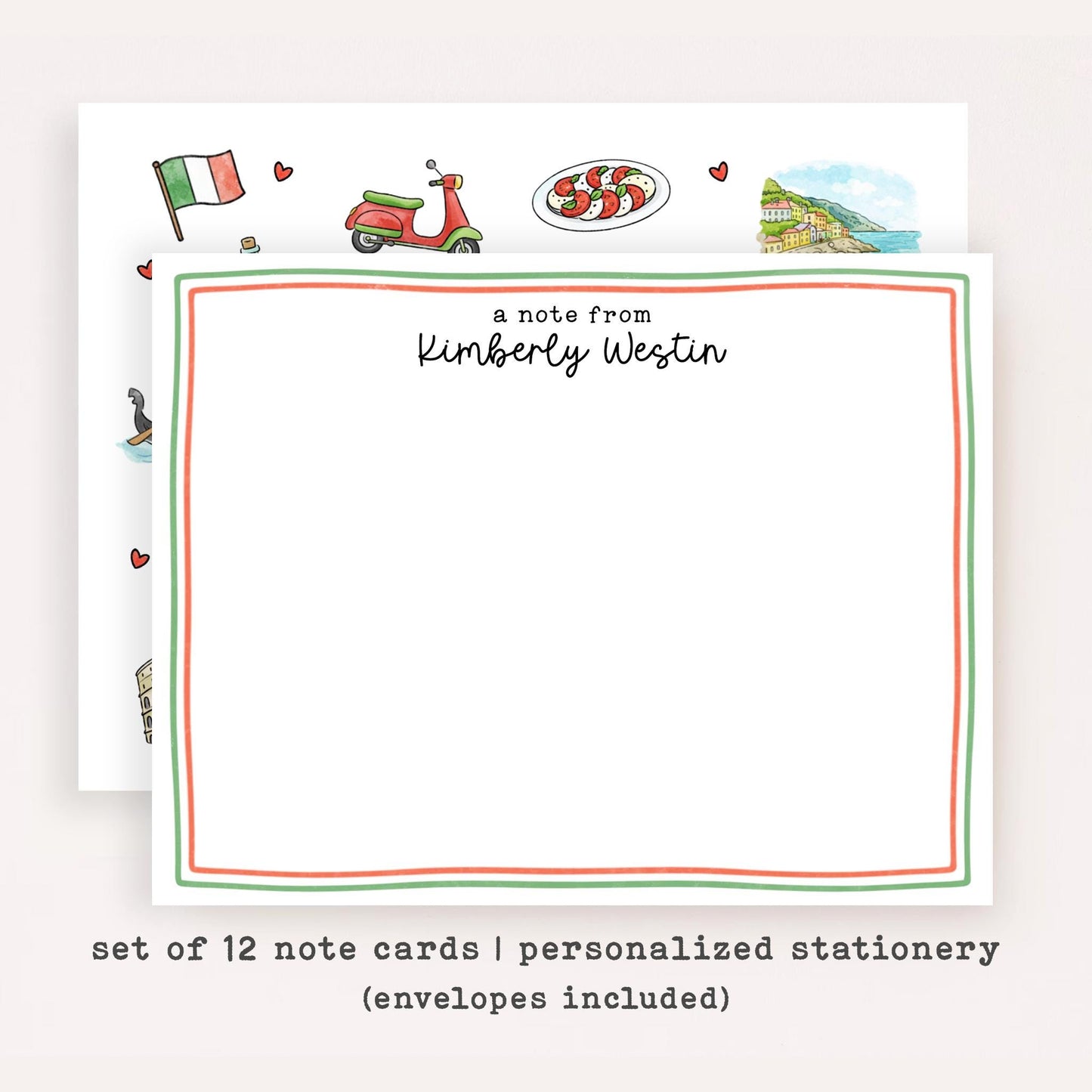 Personalized Italy Stationery • Custom Name Notecard Set of 12 • Italian Thank You Cards • Cute Travel Stationery Gift • Flat Note Cards