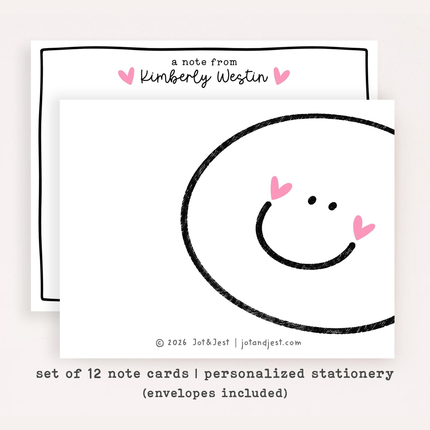Personalized Smiley Face Stationery • Happy Face Notecard Set • Custom Name Note Cards • Thank You Cards • Cute Minimal Set of 12