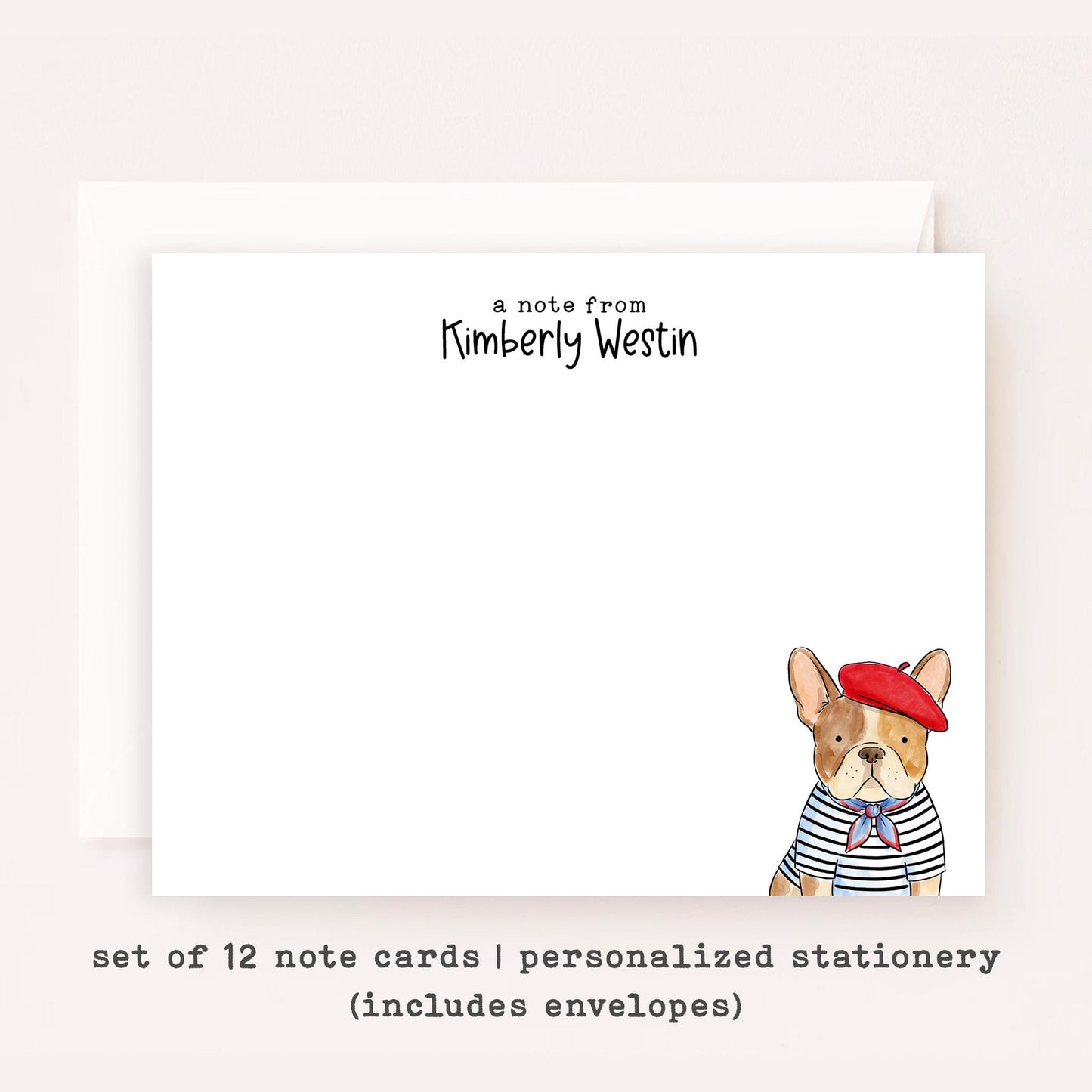 Personalized French Bulldog Stationery • Parisian Frenchie Notecard • Custom Name Note Cards • Dog Thank You Cards • Frenchie Gift Set of 12