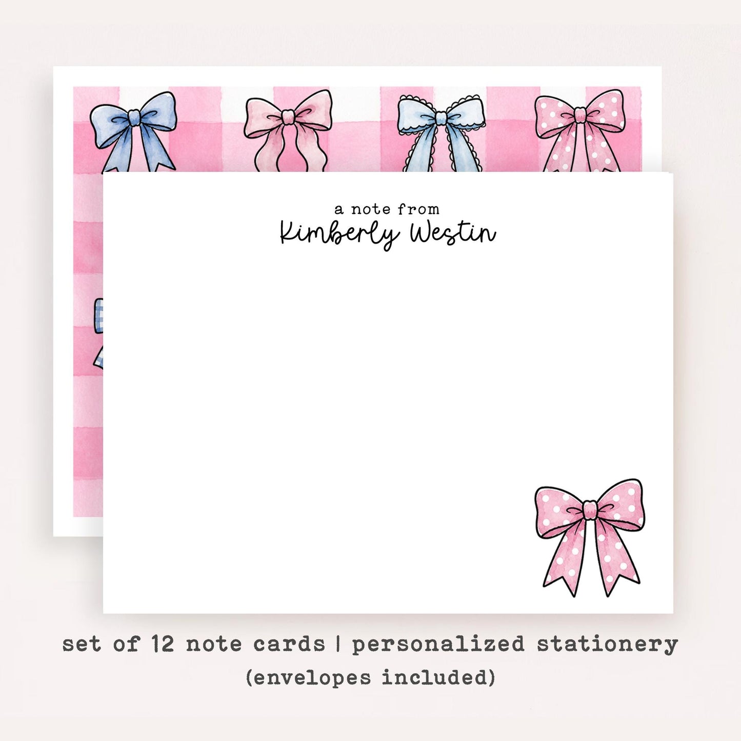 Personalized Coquette Bow Stationery • Pink Bow Notecard Set • Custom Name Note Cards • Thank You Cards • Girly Aesthetic Gift • Set of 12
