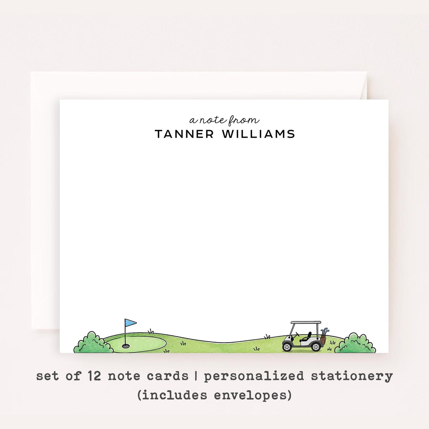 Personalized Golf Stationery • Golf Cart Notecard Set • Custom Name Note Cards • Golfer Thank You Cards • Golf Gift Set of 12