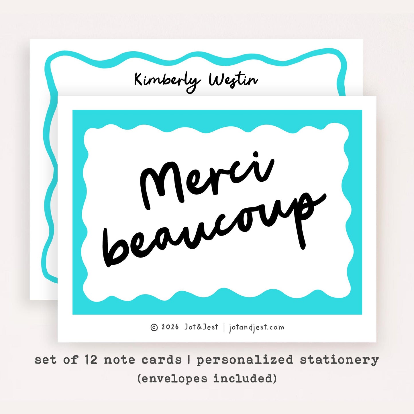 Personalized Merci Beaucoup Stationery • Parisian French Notecard Set • Custom Name Note Cards • Merci Thank You Cards • Set of 12