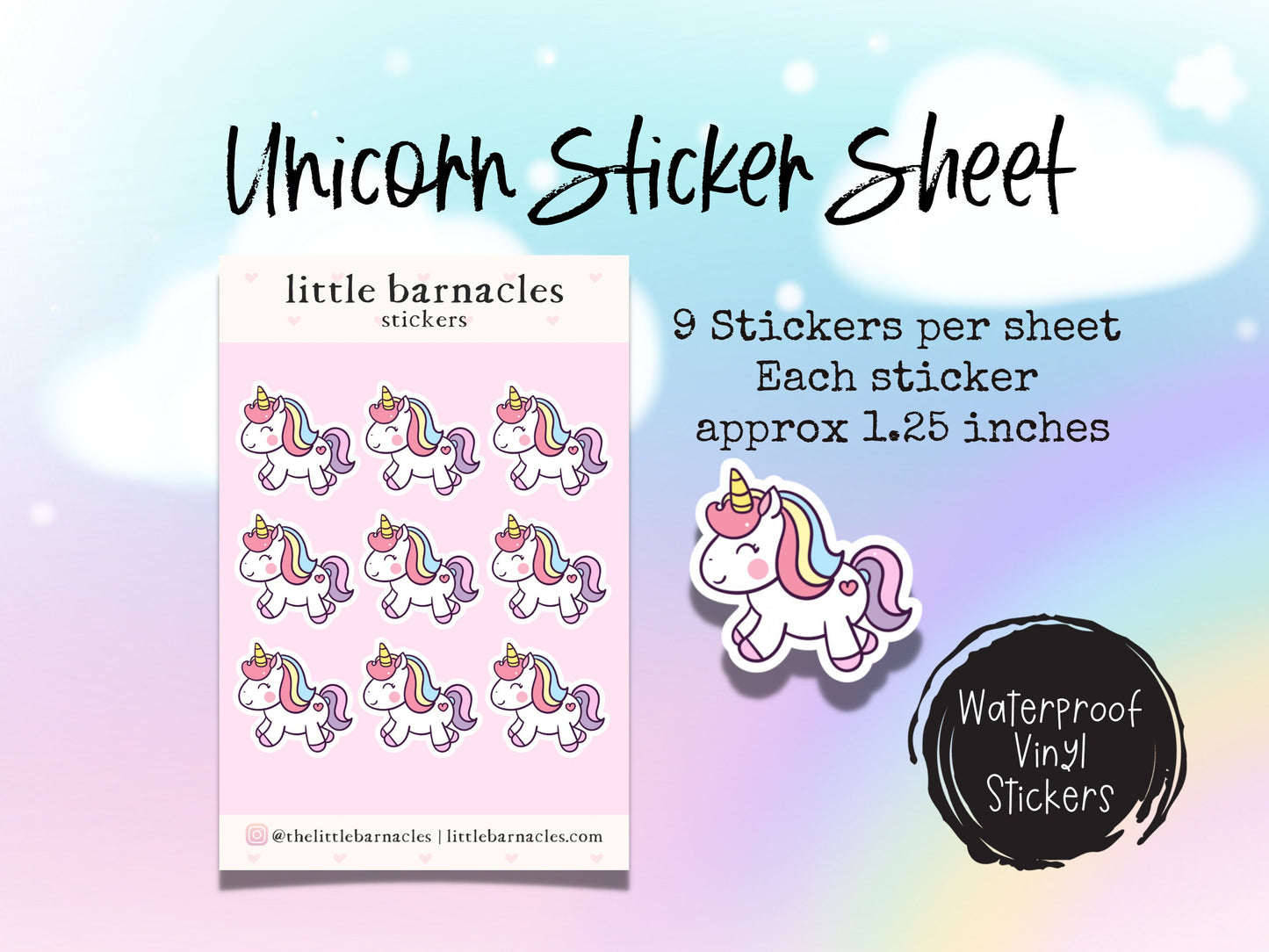 Mini Unicorn Sticker Sheet Cute Rainbow Small Sticker