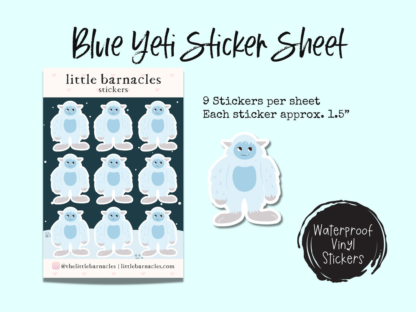 Mini Blue Yeti Sticker Sheet Waterproof Vinyl Sticker Abominable Snowman Small Sticker
