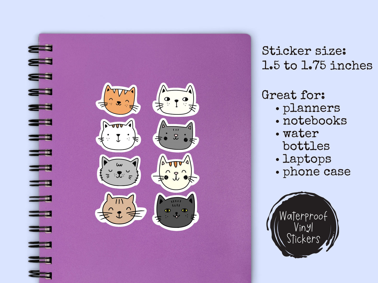 Mini Cat Sticker Sheet • Cute Cat Face Vinyl Stickers • Waterproof Cat Lover Gift • Small Laptop Water Bottle Stickers
