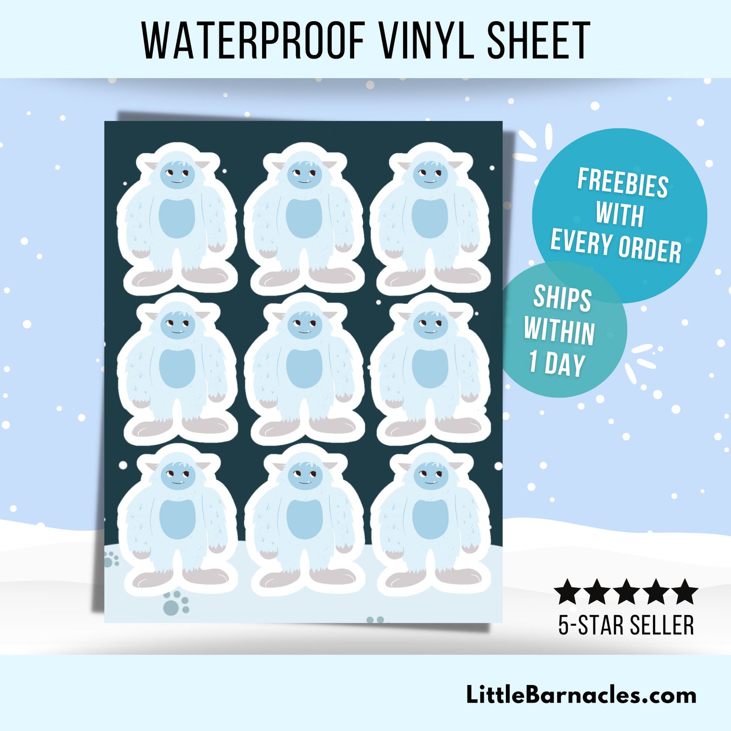 Mini Blue Yeti Sticker Sheet Waterproof Vinyl Sticker Abominable Snowman Small Sticker