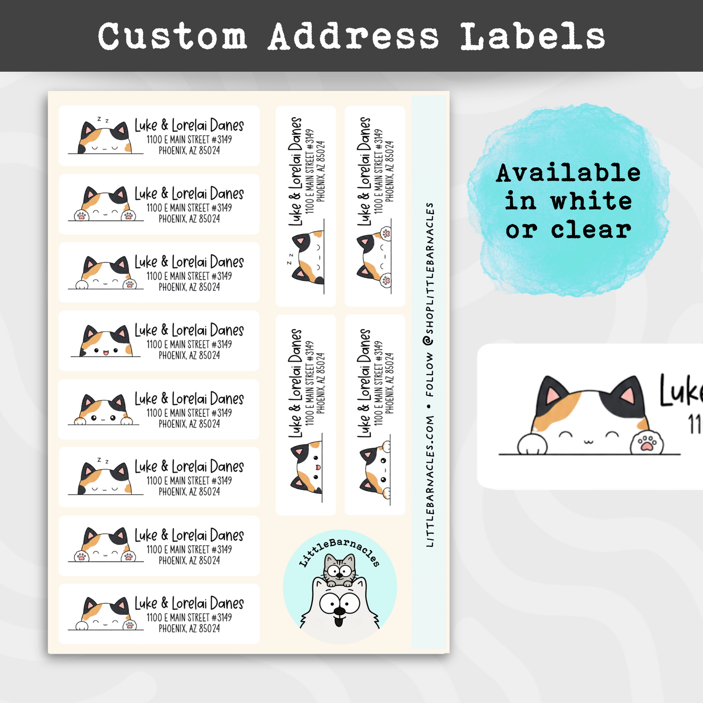 Calico Cat Address Labels • Personalized Return Address Stickers • Weatherproof Vinyl Labels • Cute Cat Mailing Labels