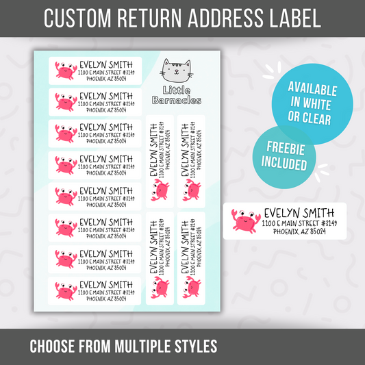 Pink Crab Custom Address Labels, Return Address Labels, Personalized Mailing Labels