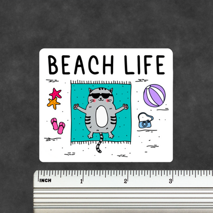 Beach Life Cat Sticker • Waterproof Vinyl Funny Beach Vibes Decal • Summer Cat Humor Sticker • Cat Lover Gift • Laptop Water Bottle