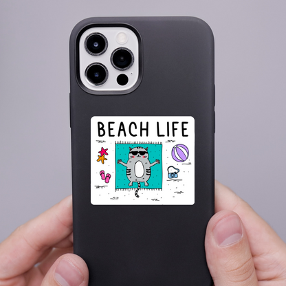 Beach Life Cat Sticker • Waterproof Vinyl Funny Beach Vibes Decal • Summer Cat Humor Sticker • Cat Lover Gift • Laptop Water Bottle