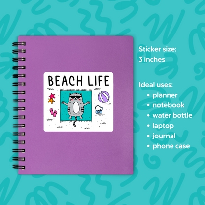 Beach Life Cat Sticker • Waterproof Vinyl Funny Beach Vibes Decal • Summer Cat Humor Sticker • Cat Lover Gift • Laptop Water Bottle