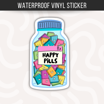 Happy Pills Book Sticker • Funny Bookworm Vinyl Decal • Waterproof Reading Sticker • Book Lover Gift • Library Humor Sticker
