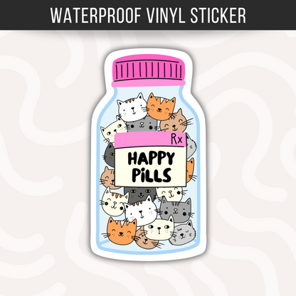Happy Pills Cat Sticker • Funny Cat Lover Gift • Waterproof Vinyl Cat Mom Decal • Cute Pet Humor Sticker • Laptop Water Bottle
