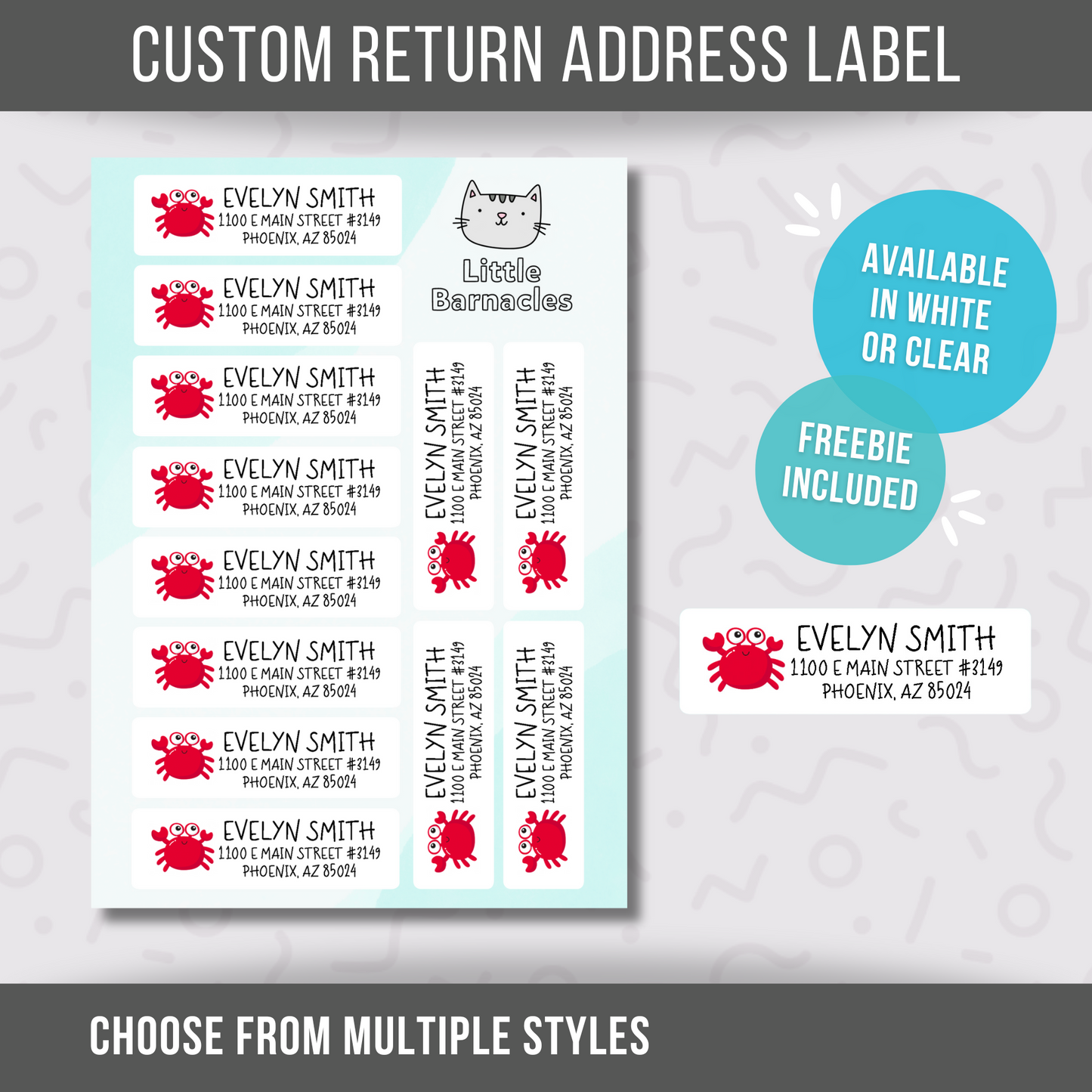 Crab Custom Address Labels, Return Address Labels, Personalized Mailing Labels