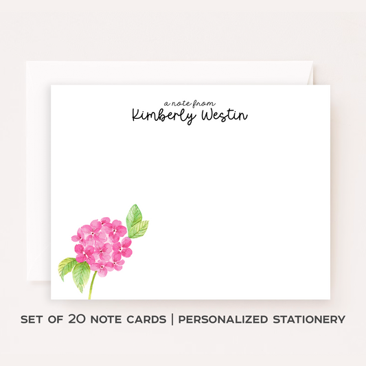Personalized Floral Stationery Custom Notecard Set of 20 Name Stationery Gift Thank You Notecard Custom Stationery Flower Pink Hydrangea