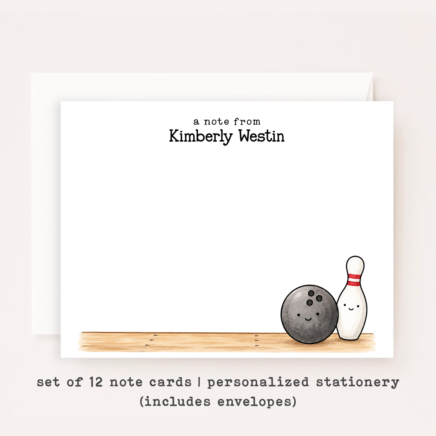Personalized Bowling Stationery • Bowling Notecard Set • Custom Name Note Cards • Bowling Thank You Cards • Gift Set of 12