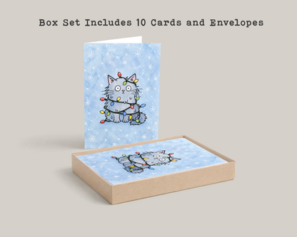 Funny Cat Christmas Card • Cute Mischievous Cat Holiday Card • Christmas Lights Cat Greeting Card • Card for Cat Lovers