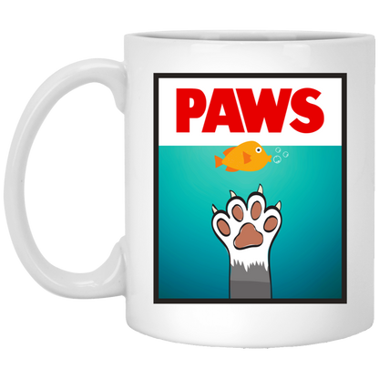 PAWS Mug JAWS Movie Parody Coffee Cup Classic 80s Movie Shark Gift Funny Cat Cartoon
