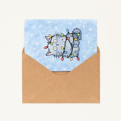Funny Cat Christmas Card • Cute Mischievous Cat Holiday Card • Christmas Lights Cat Greeting Card • Card for Cat Lovers