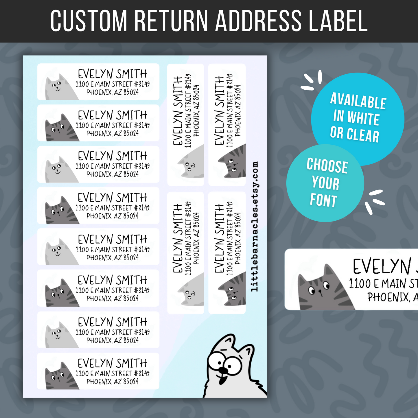 Gray Cat Return Address Labels • Personalized Mailing Stickers • Custom Cat Address Labels • Weatherproof Vinyl Labels