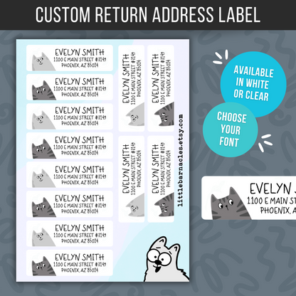 Gray Cat Return Address Labels • Personalized Mailing Stickers • Custom Cat Address Labels • Weatherproof Vinyl Labels