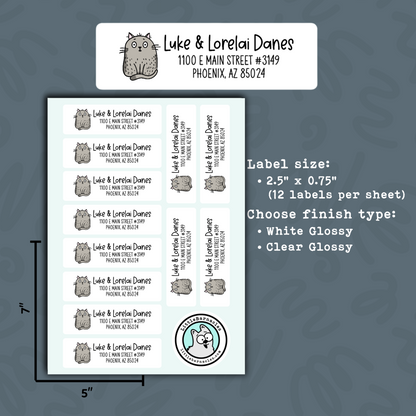 Cartoon Gray Cat Address Labels • Personalized Return Address Stickers • Custom Cat Mailing Labels • Custom Name Labels