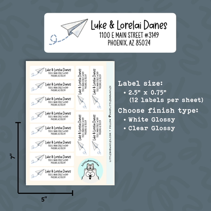 Paper Airplane Return Address Labels • Custom Mailing Stickers • Weatherproof Vinyl Labels • Personalized Name Labels