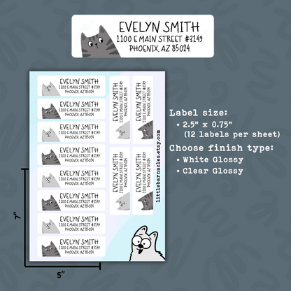 Gray Cat Return Address Labels • Personalized Mailing Stickers • Custom Cat Address Labels • Weatherproof Vinyl Labels