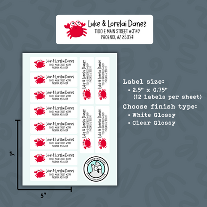 Red Crab Address Labels • Personalized Return Address Stickers • Custom Coastal Address Labels • Beach Mailing Labels