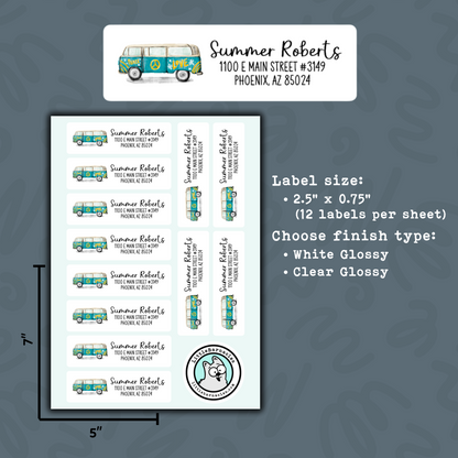 Custom Return Address Labels • Boho Hippie Bus • Personalized Mailing Stickers • Weatherproof Vinyl • Cute Retro Address Labels