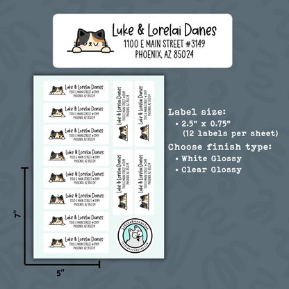 Calico Cat Address Labels • Personalized Return Address Stickers • Weatherproof Vinyl Labels • Cute Cat Mailing Labels