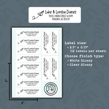 Paper Airplane Return Address Labels • Custom Mailing Stickers • Weatherproof Vinyl Labels • Personalized Name Labels