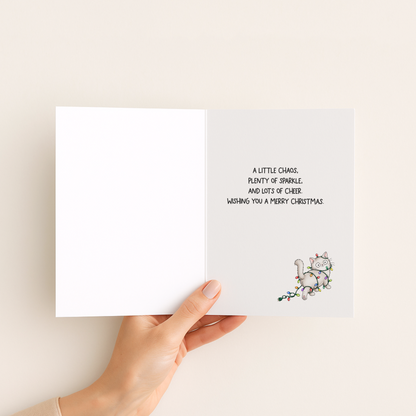 Funny Cat Christmas Card • Cute Mischievous Cat Holiday Card • Christmas Lights Cat Greeting Card • Card for Cat Lovers