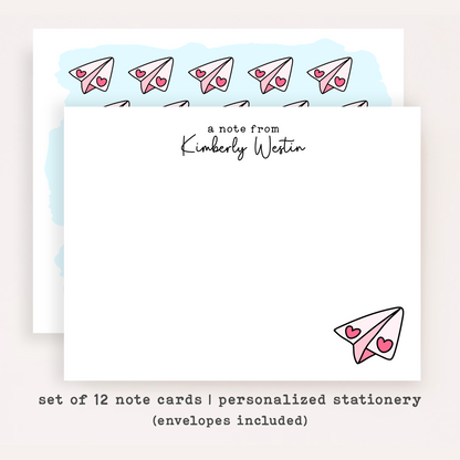 Pink Heart Paper Airplane Stationery Set • Cute Flat Notecards • Pink Thank You Cards • Teacher Gift • Set of 12