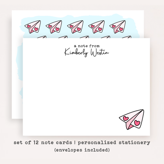 Pink Heart Paper Airplane Stationery Set • Cute Flat Notecards • Pink Thank You Cards • Teacher Gift • Set of 12
