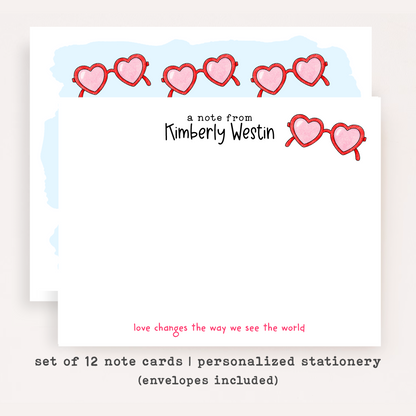 Personalized Heart Glasses Stationery Set • Custom Name Flat Notecards • Cute Thank You Cards • Trendy Stationery Gift • Set of 12