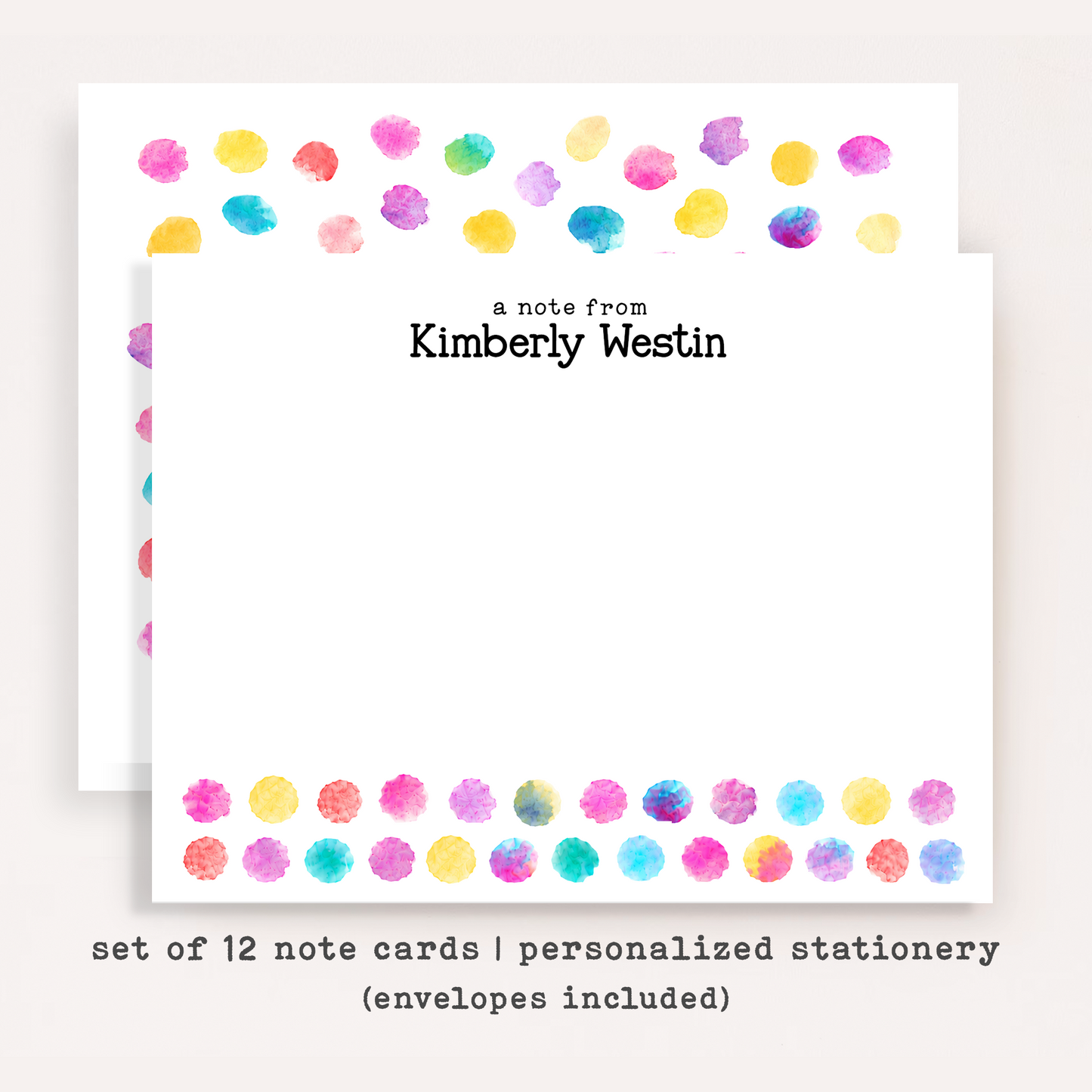 Personalized Watercolor Polka Dot Stationery • Colorful Dot Notecard Set • Custom Name Note Cards • Thank You Cards • Set of 12