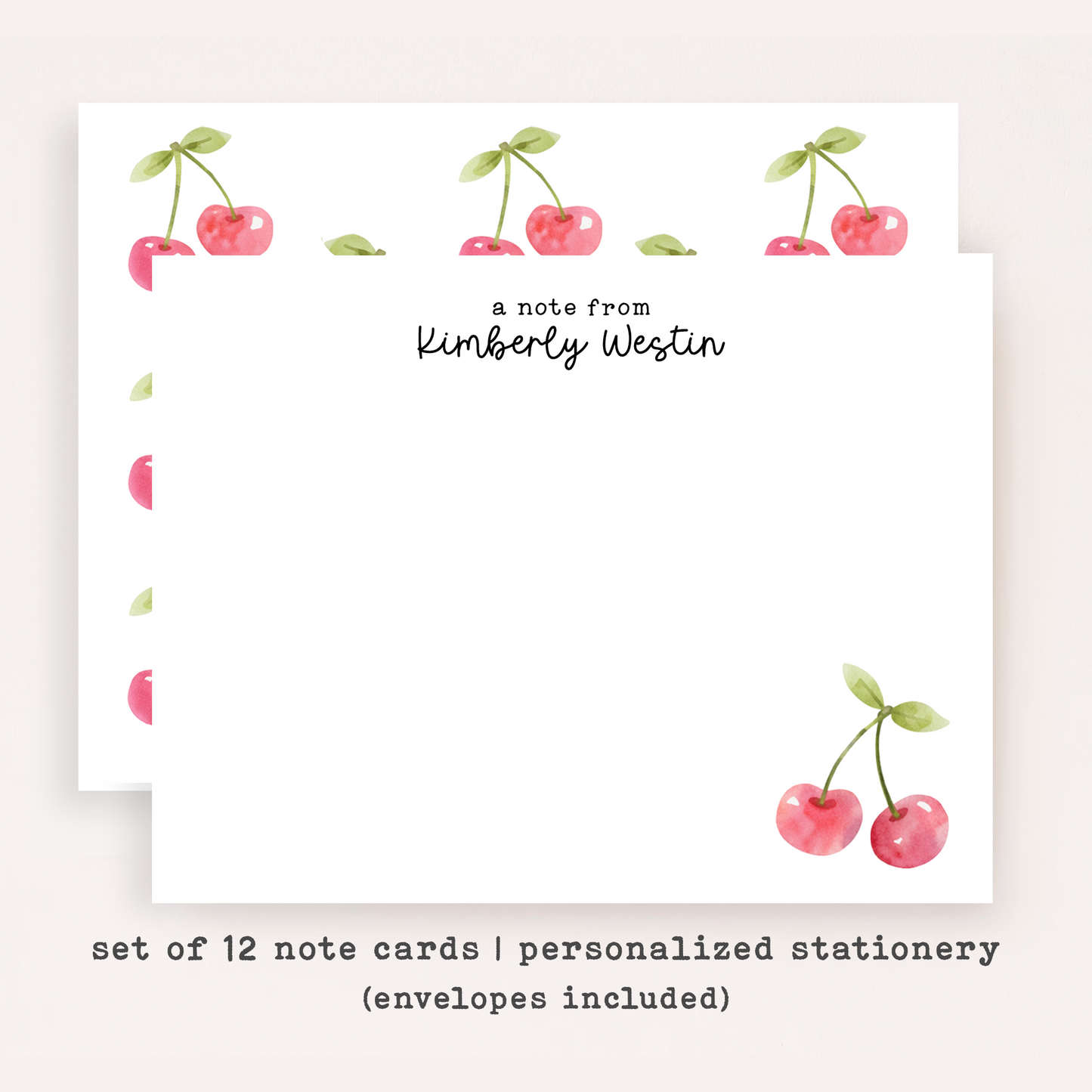 Personalized Cherry Stationery Set • Custom Name Flat Notecards • Cute Cherry Thank You Cards • Custom Stationery Gift • Set of 12