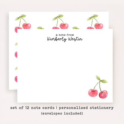 Personalized Cherry Stationery Set • Custom Name Flat Notecards • Cute Cherry Thank You Cards • Custom Stationery Gift • Set of 12